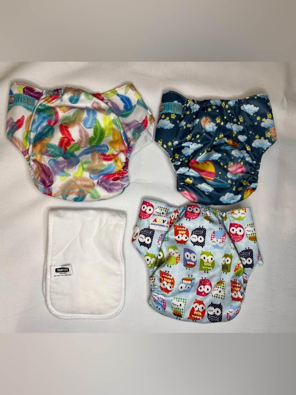 Alva Baby Cloth Diaper Covers Lot Feathers Space & Owl Prints Thirsties Insert - Picture 2 of 4